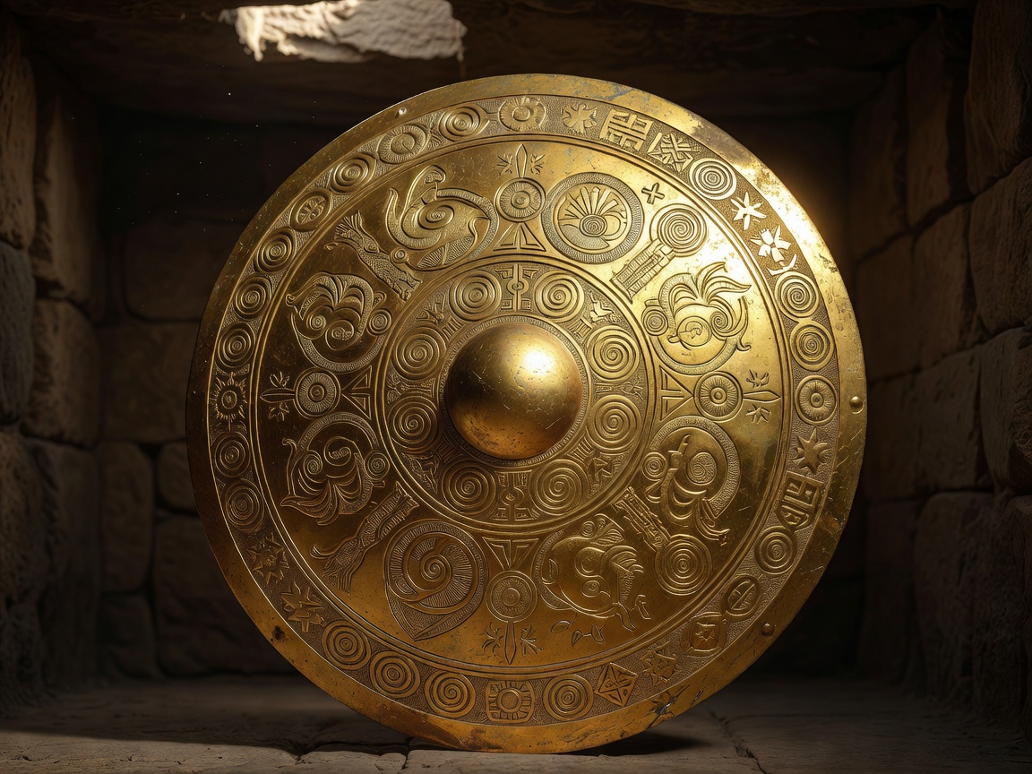 Authentic golden shield design detailed with ancient engraving pattern